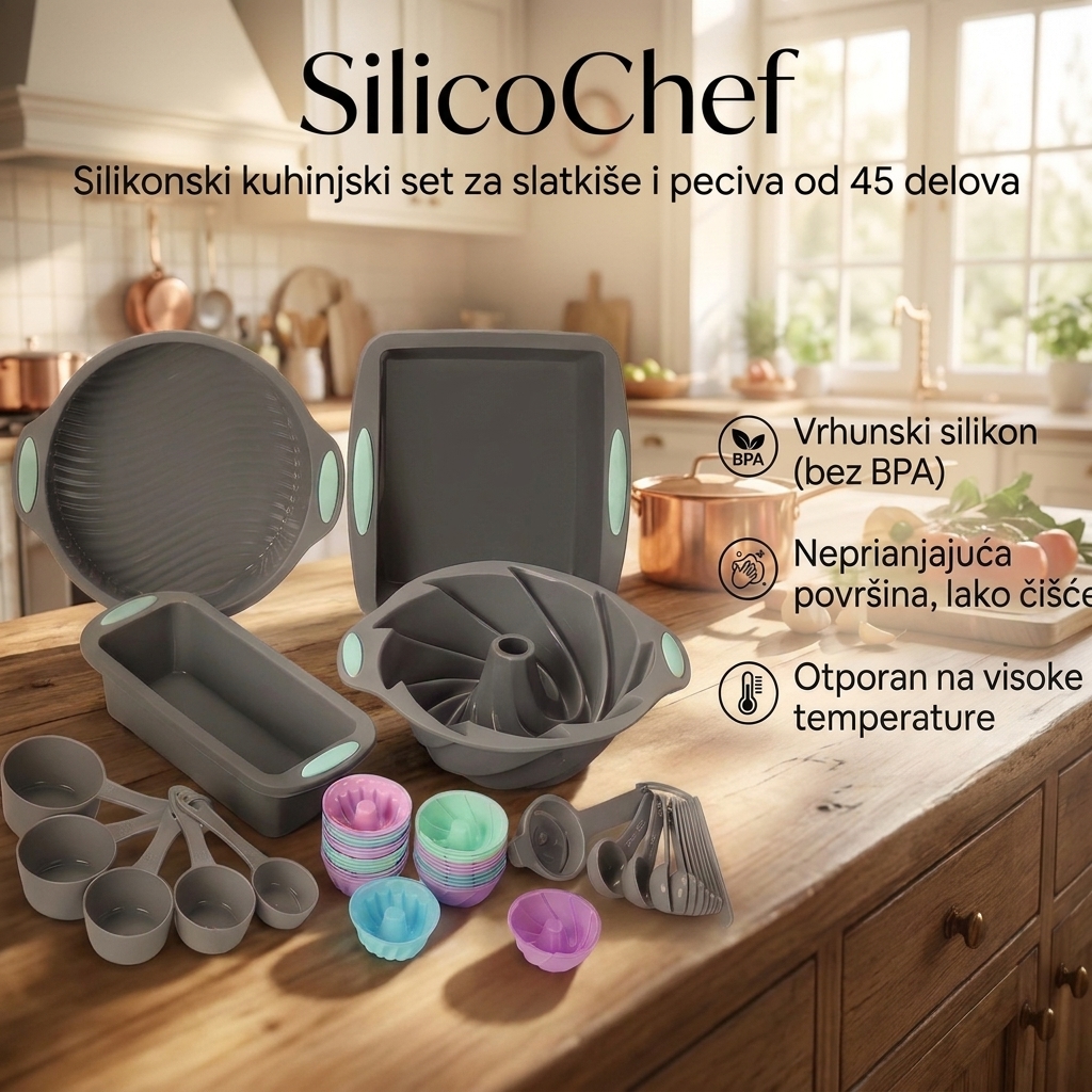 <b>SilicoChef</b> – Profesionalni silikonski set za pečenje od 45 delova