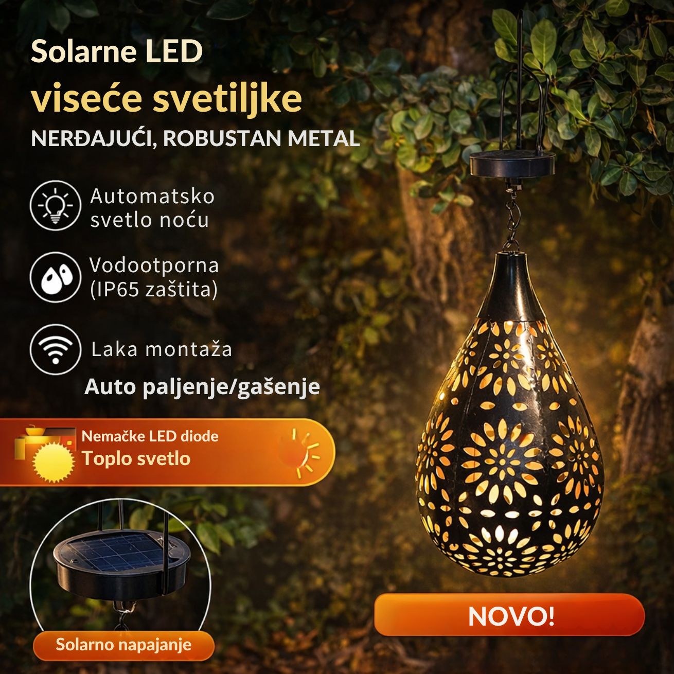 <b>SolarGlow Lantern IP65</b> – Dekorativna solarna LED viseća lampa